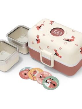 Monbento Kids Fox Print Bento Box - Cream & Dusty Pink